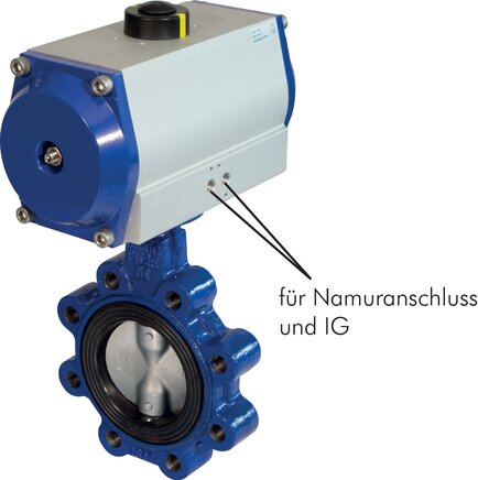 Exemplarische Darstellung: Anflanschklappe (mit Innengewinde) mit pneumatischem Drehantrieb